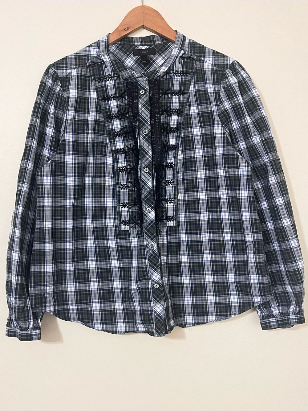 J. Crew Black, White & Blue Plaid Ruffle-Front Button-Down Women’s Shirt Size L